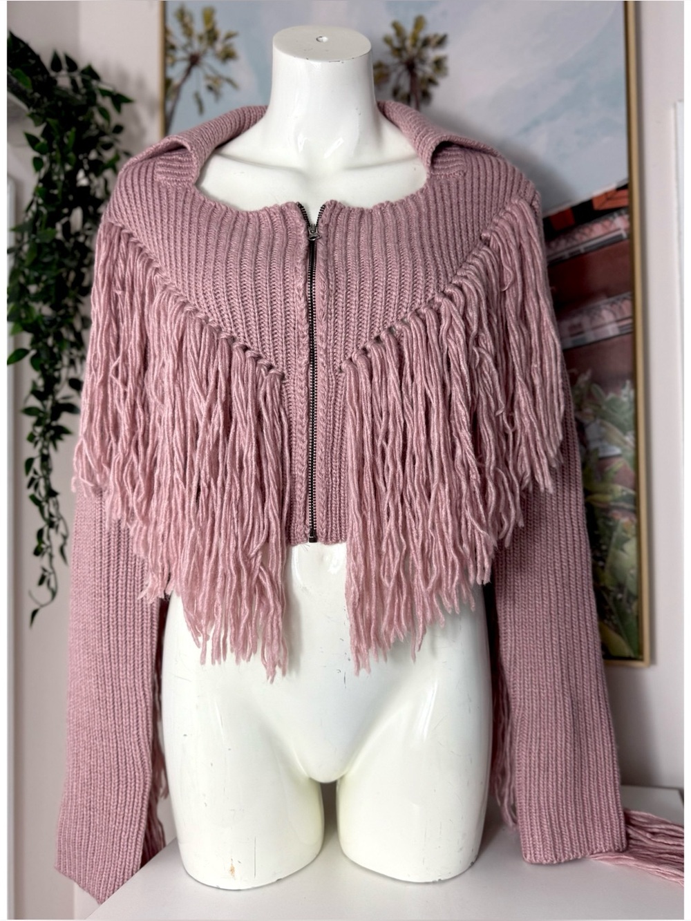 Hot & Delicious Mauve Pink Fringe Cropped Cardigan Sweater Zip Up Medium NWT